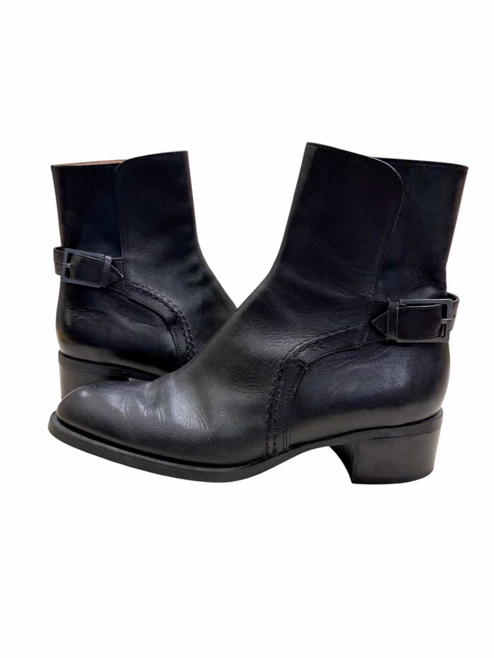 Tod’s Black Leather Moto Biker Ankle Boots Buckle Size 8 Italy Lug Sole